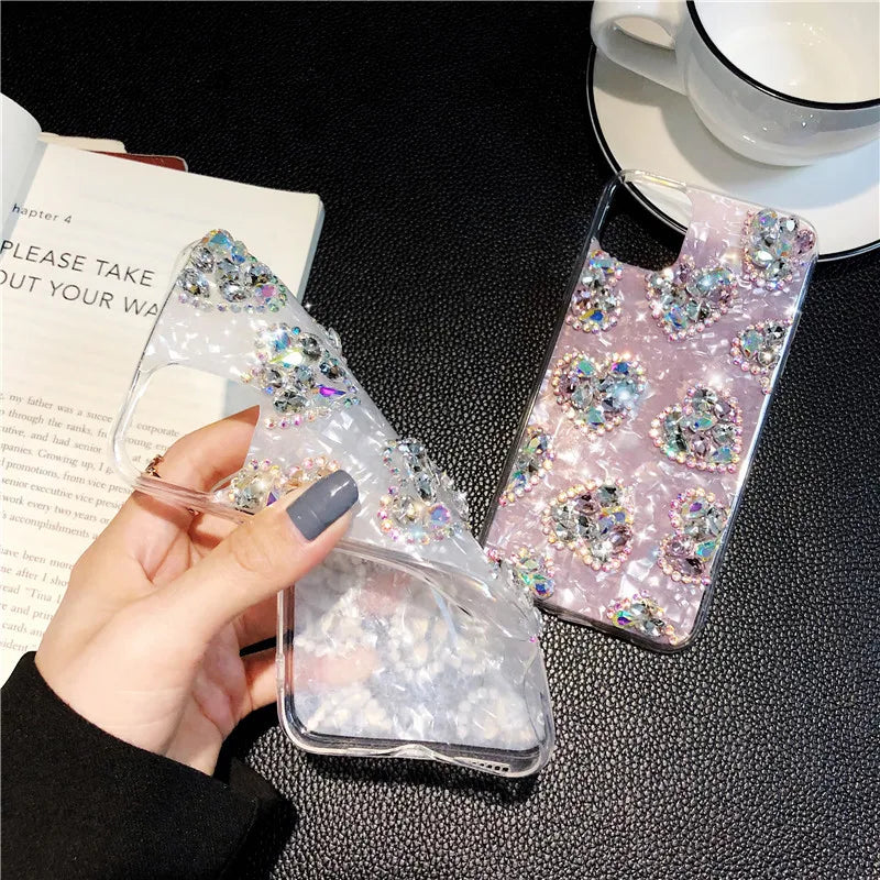 Luxury Marble Phone Case For iPhone 16 15 14 13 12 11 Pro Max 16 Plus XR Case Glitter Bling Diamond Rhinestone Love Heart Cover - Caseverse