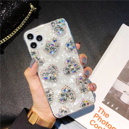 Luxury Marble Phone Case For iPhone 16 15 14 13 12 11 Pro Max 16 Plus XR Case Glitter Bling Diamond Rhinestone Love Heart Cover - Caseverse