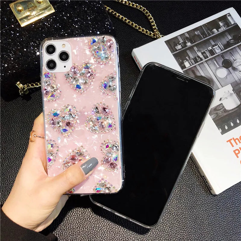 Luxury Marble Phone Case For iPhone 16 15 14 13 12 11 Pro Max 16 Plus XR Case Glitter Bling Diamond Rhinestone Love Heart Cover - Caseverse