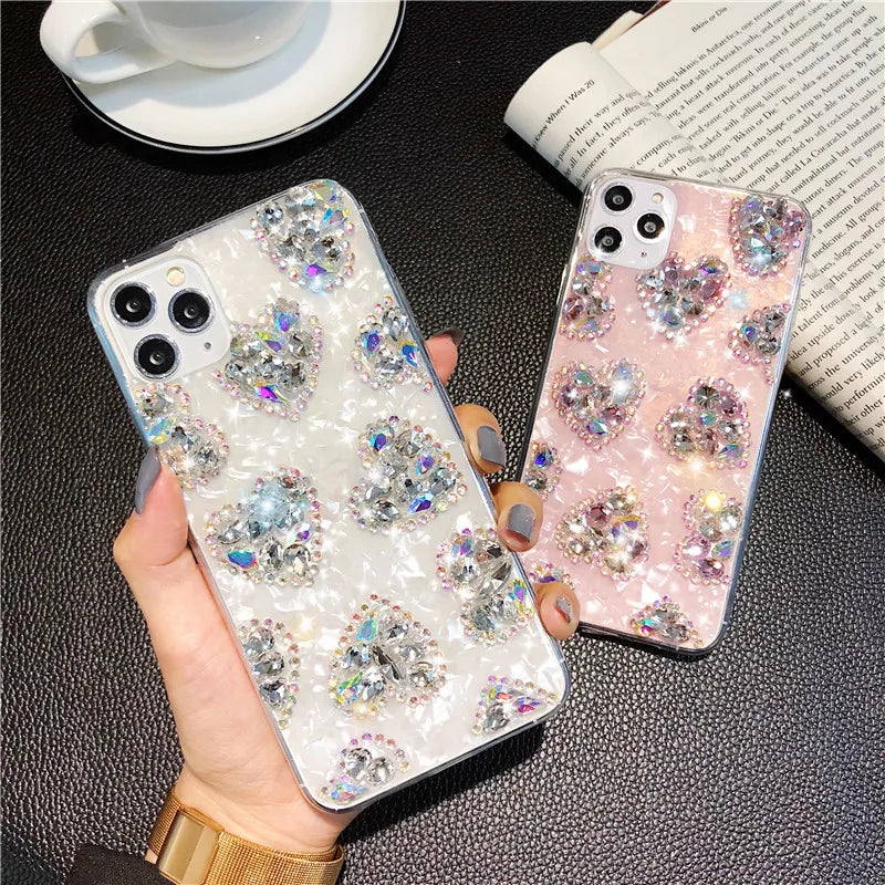 Luxury Marble Phone Case For iPhone 16 15 14 13 12 11 Pro Max 16 Plus XR Case Glitter Bling Diamond Rhinestone Love Heart Cover - Caseverse