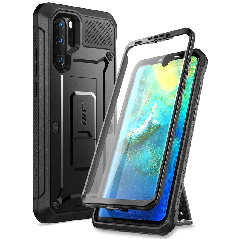 A black rugged phone case with a kickstand and a separate screen protector.