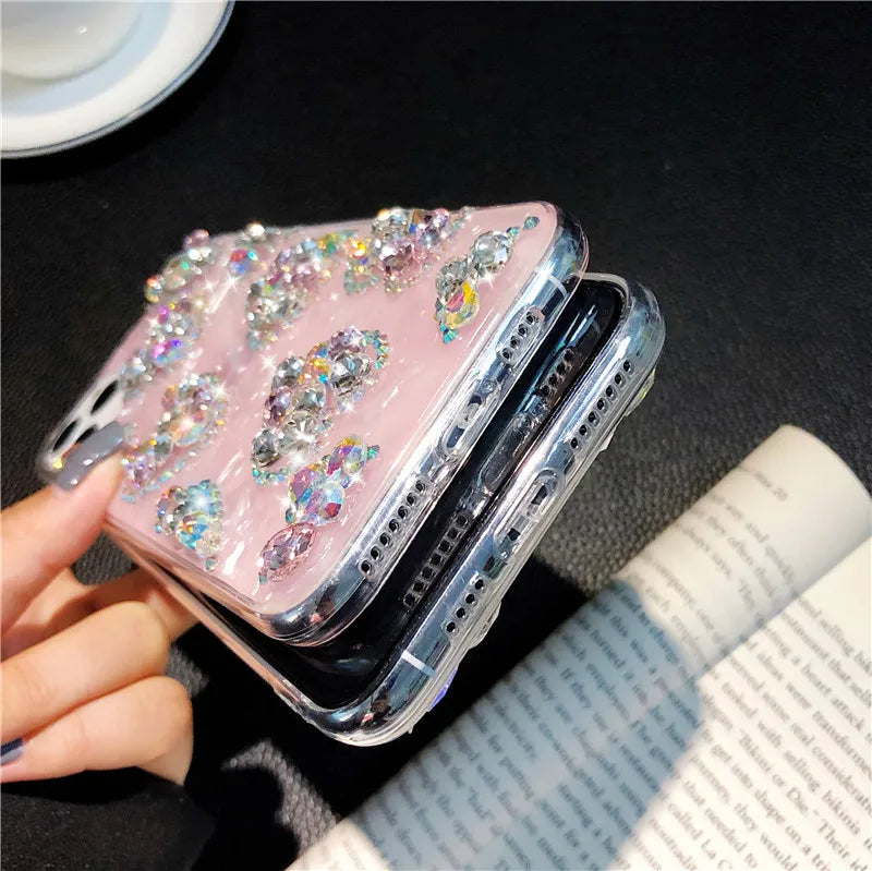 Luxury Marble Phone Case For iPhone 16 15 14 13 12 11 Pro Max 16 Plus XR Case Glitter Bling Diamond Rhinestone Love Heart Cover - Caseverse