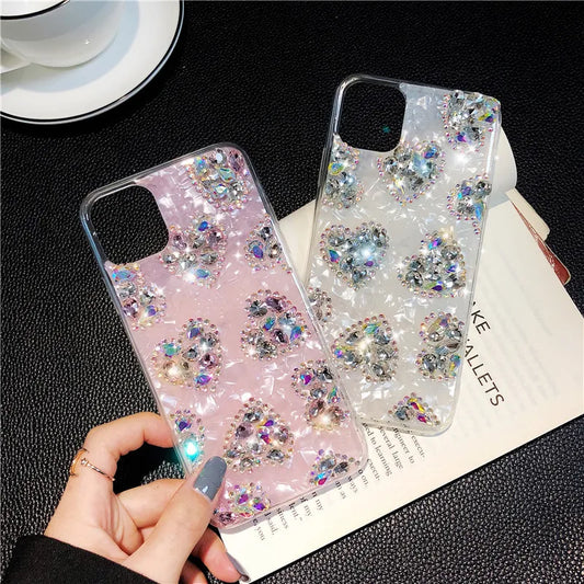Luxury Marble Phone Case For iPhone 16 15 14 13 12 11 Pro Max 16 Plus XR Case Glitter Bling Diamond Rhinestone Love Heart Cover - Caseverse