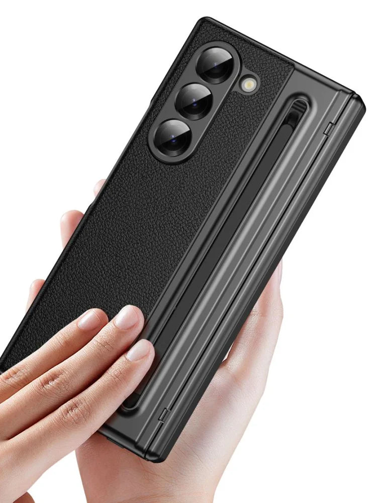For Galaxy Fold6 S Pen Leather Phone Case Hinge Protection & Built-in Screen Protector Leather Phone Cover for Fold5 Fold4 Black - Caseverse