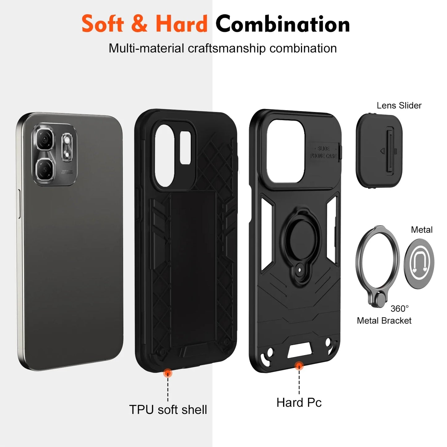 Rugged Armor Shockproof Phone Case For Infinix Smart 9 X6532 Hot 50i X6531 X6531B Sliding Window Metal Ring Holder Back Cover - Caseverse