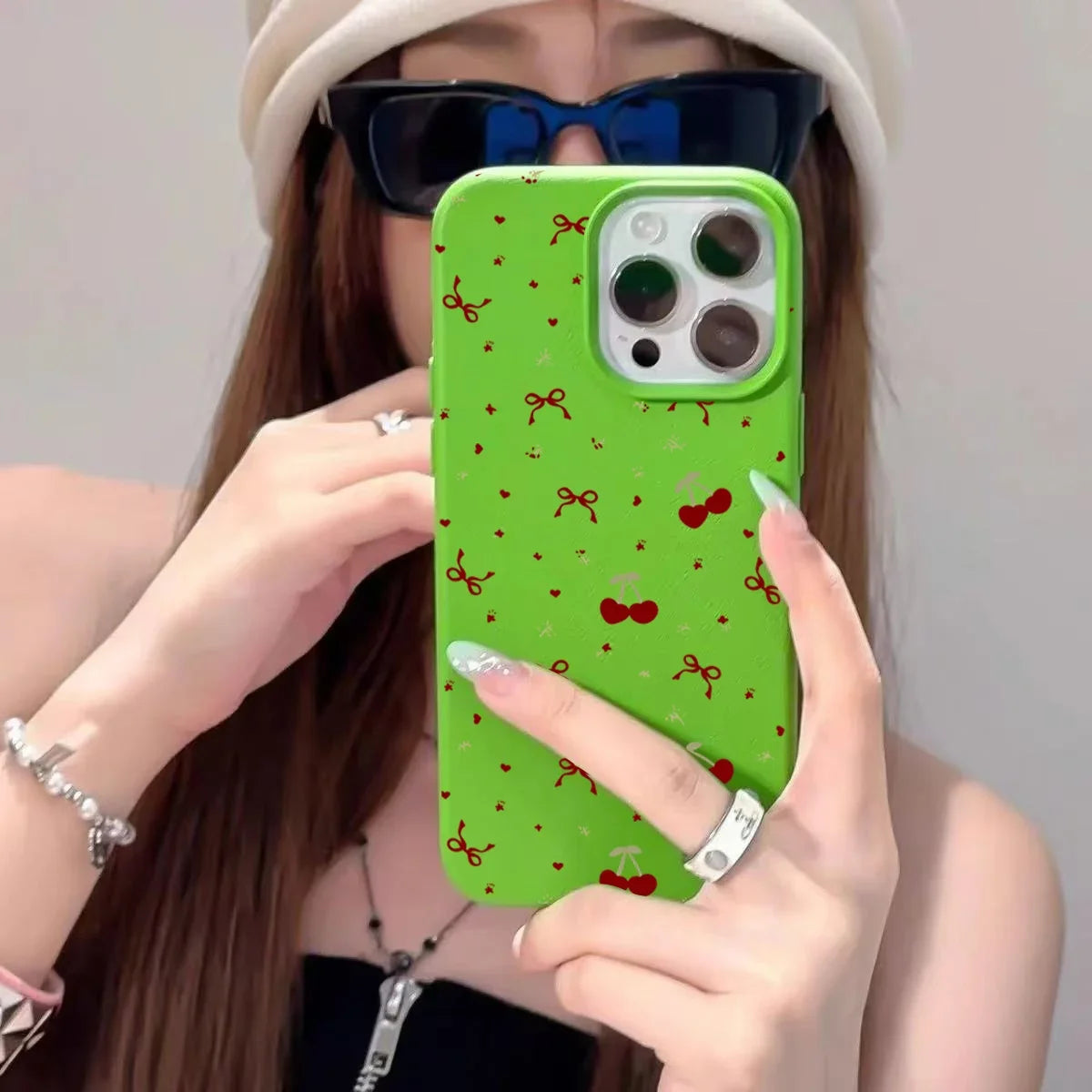 For iPhone 16 15 14 13 12 11 Pro Max Case Cherry Bow Lichee Pattern Silicone Phone Cover For iPhone XS Max 14 15 16 Plus Fundas - Caseverse