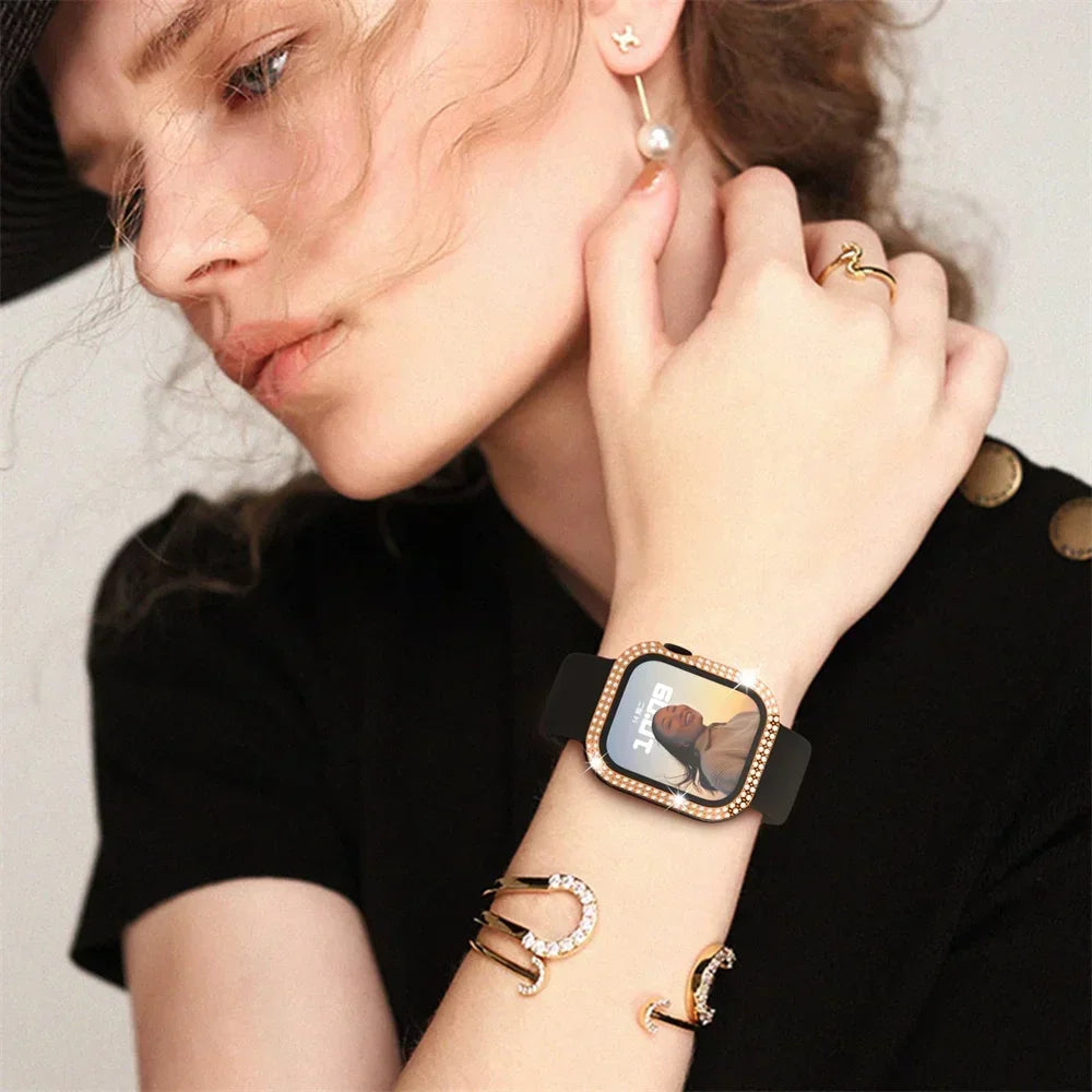 Diamond Case For Apple watch Cover 45mm 41mm 38mm 42mm 44mm 40mm Tempered Glass+ Bumper Screen Protector series 9 8 7 6 5 4 3 SE