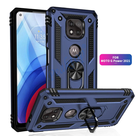A blue rugged phone case with a kickstand and magnetic car holder for Moto G Power 2021.