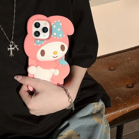 3D Kawaii Cute Cartoon Japan Sanrio Melody Phone Case For iPhone 16 15 Pro 14 13 12 Pro Max Cases Shockproof Soft Silicone Cover - Caseverse
