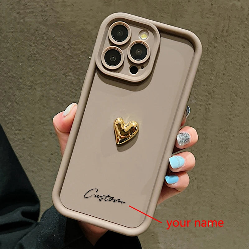 3D Gold Love Heart Personalized Custom Name Case For iPhone 16 15 14 13 12 11 Pro Max X XS XR 7 8 Plus Silicone Candy DIY Cover Caseverse