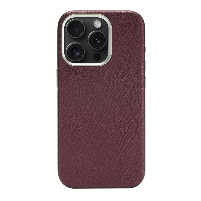 Alloy Lens Silk Texture PU Leather MagSafe Phone Case For iPhone 16 16pro max 15 Pro 14 13 Wireless Charging Hard Armor Cover - Caseverse