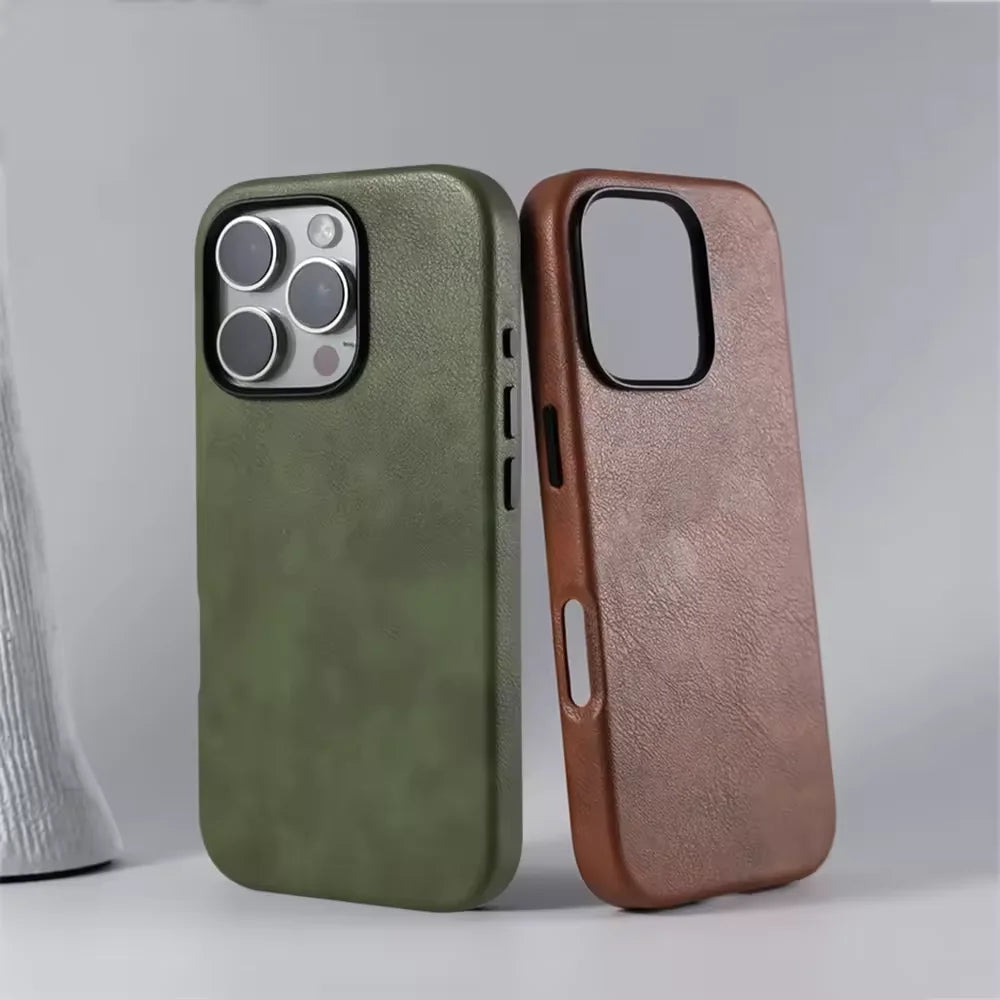Luxury Business Vintage Leather Magnetic Phone Case for IPhone 16 Plus 15 14 13 12 Pro Max Metal Camera Frame Shockproof Cover Caseverse