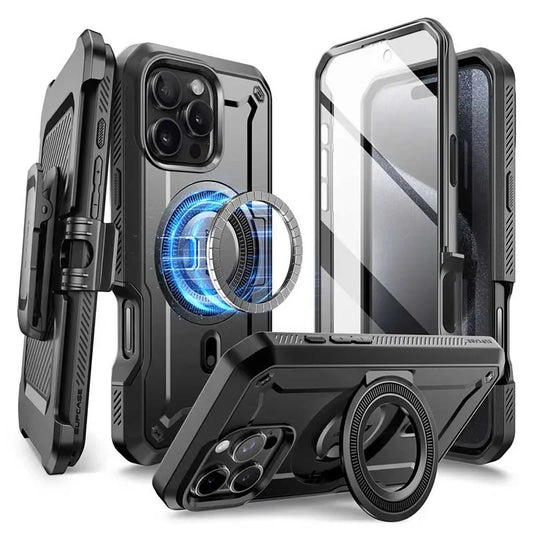 A black rugged phone case with a belt clip, built-in screen protector, and magnetic ring.