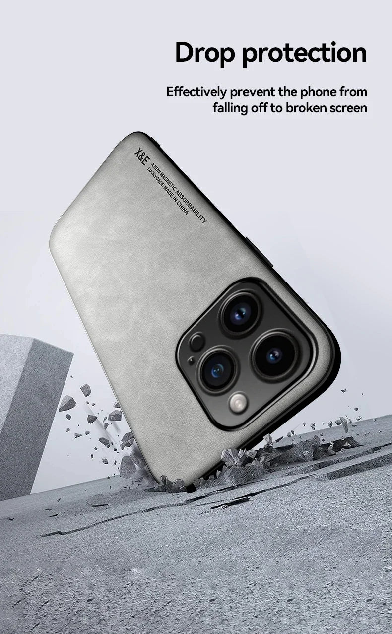 Luxury Leather Case For iPhone 17 16 16e 15 14 13 12 11 Pro Max Plus 12 13 Mini SE 8 7 Cover With Metal Plate Support Car Hold