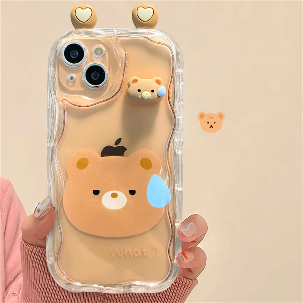 Korean Cute 3D Bear Frog Rabbit Ear Soft Silicone Phone Case For iPhone 14 15 Pro Max 13 12 Pro 11 Cartoon Clear Cover - Caseverse