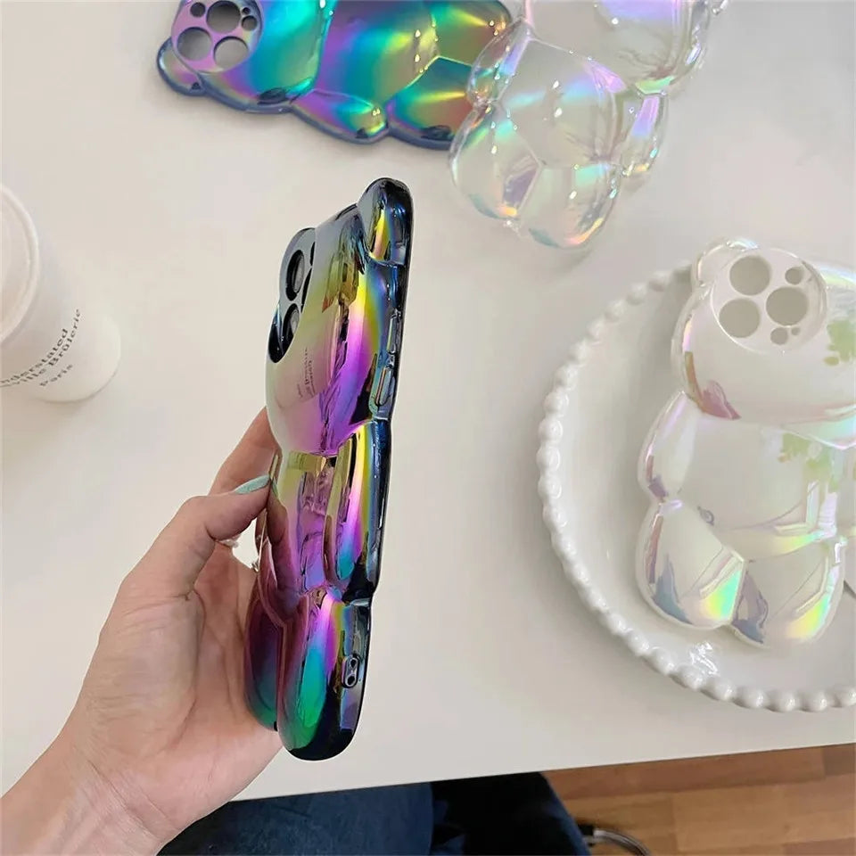 Luxury laser cute 3D bear anti-drop bumper shockproof phone case for iPhone 11 12 13 14 Pro Max shockproof Soft silicone cover - Caseverse