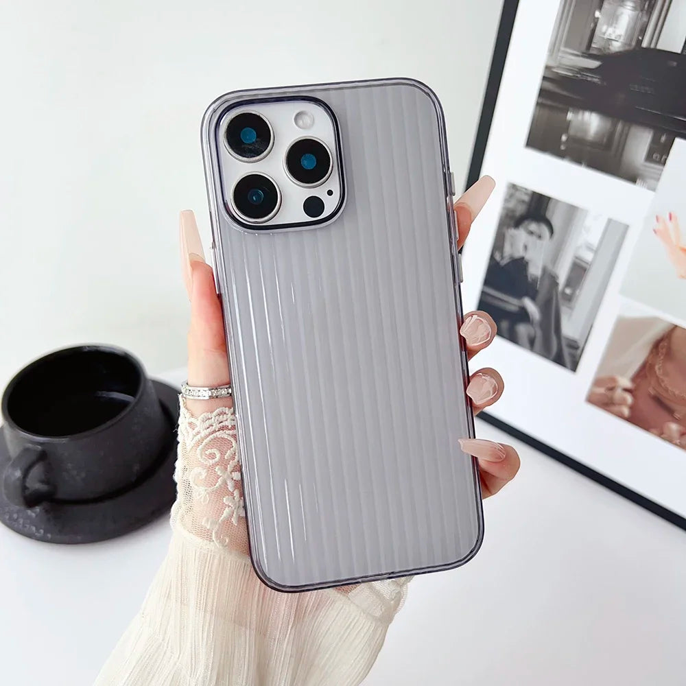 Metal Button Key Vertical Stripe Corrugated Clear Phone Case for IPhone 13 14 15 16 Pro Max Shockproof PC Protective Back Cover Caseverse