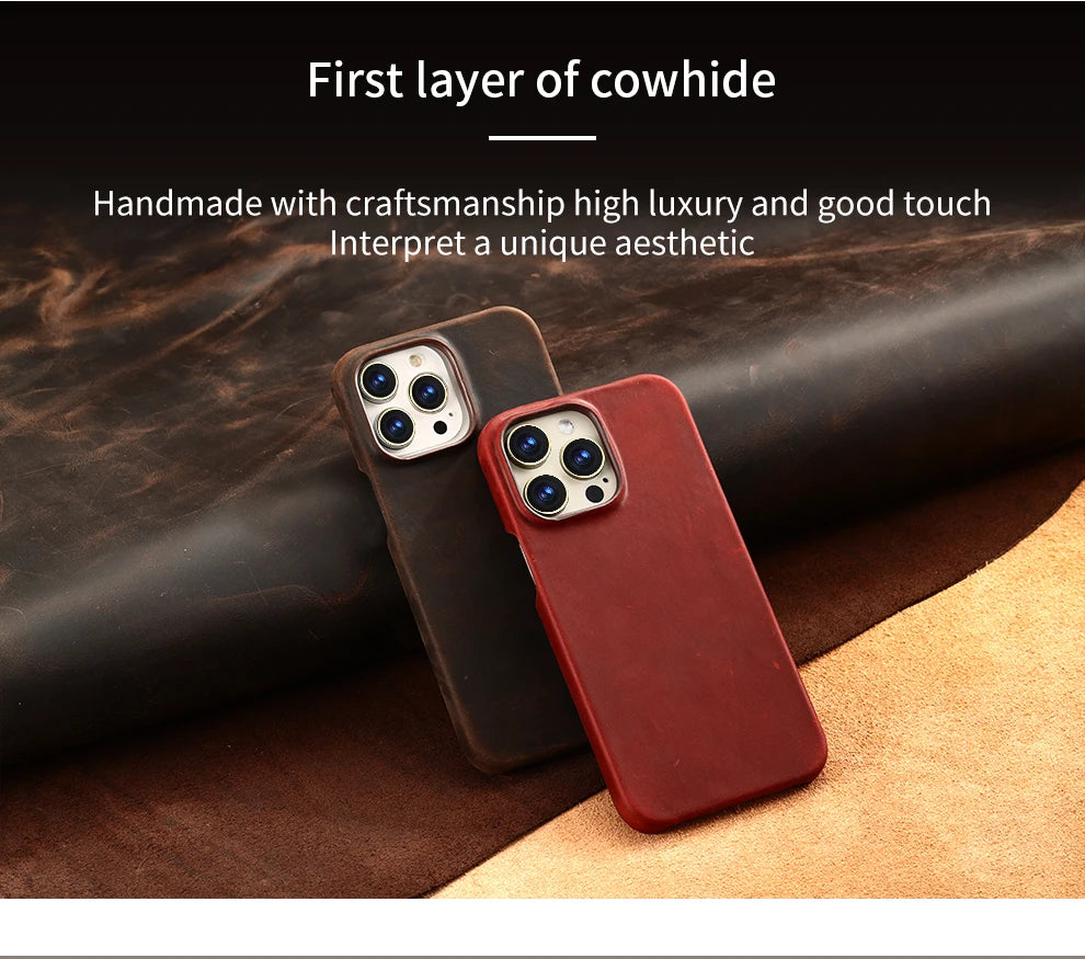 Retro Cowhide Phone Case for iPhone 16 15 13 14 Pro Max 16Pro 14Pro 15Pro Luxury Crazy Horse Genuine PULL-UP Leather Back Cover Caseverse
