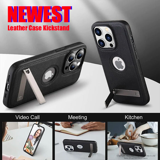 Leather Phone Case for iPhone 15 14 Pro Max Plus 13 12 11 Mobile Cases with Slim Metal Kickstand Soft Grip Luxury Back Cover