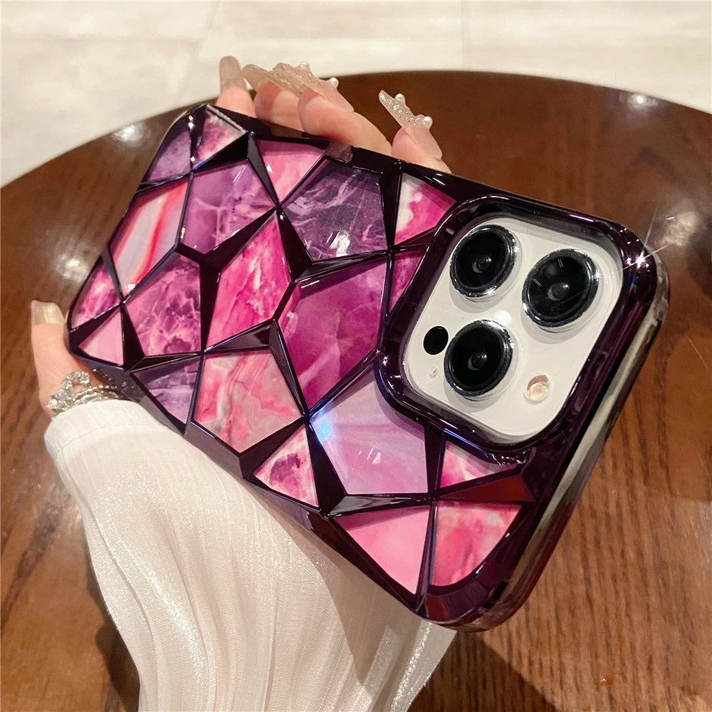 Plating Glitter Diamond Pattern Colorful Marble Phone Case For iPhone 15 13 11 12 14 Pro Max Soft Silicone Transparent Cover - Caseverse