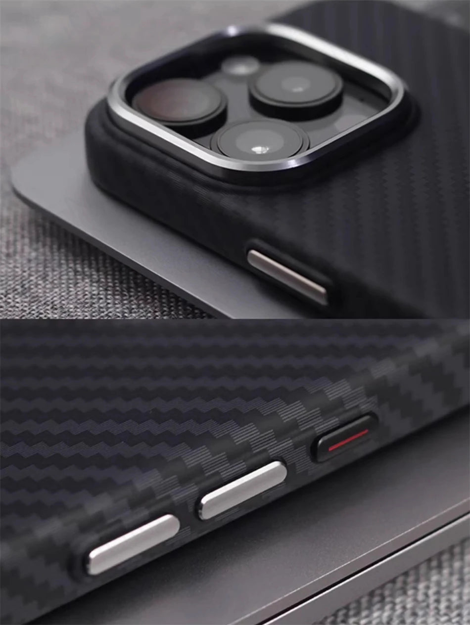 Luxury Alloy Lens 3D Relief Black Carbon Fibre Pattern Case For iPhone 13 14 15 16 Pro Max Slim Shockproof PC Cover For Magsafe Caseverse