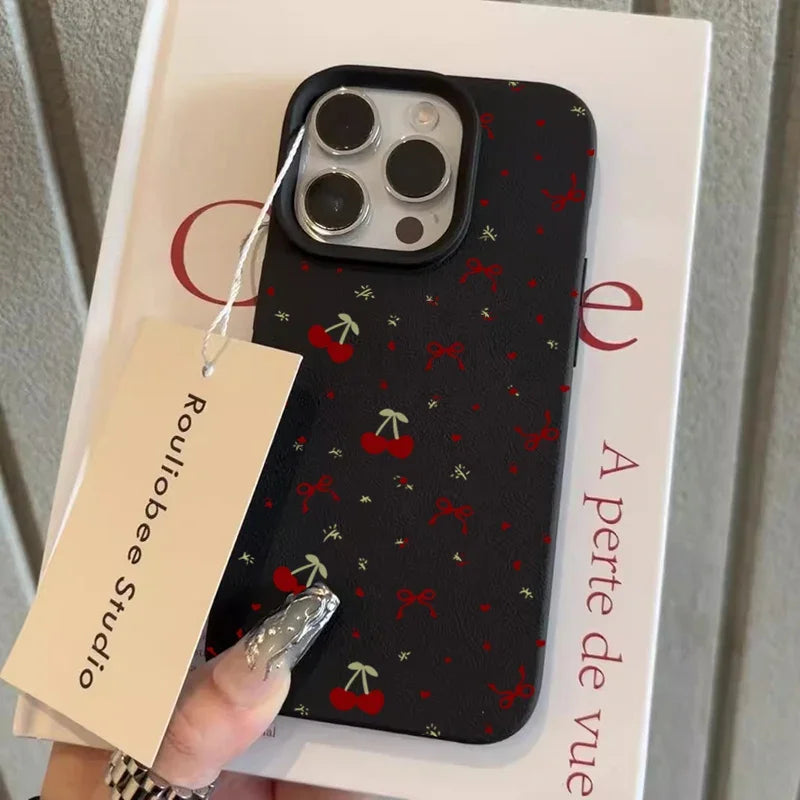 For iPhone 16 15 14 13 12 11 Pro Max Case Cherry Bow Lichee Pattern Silicone Phone Cover For iPhone XS Max 14 15 16 Plus Fundas - Caseverse