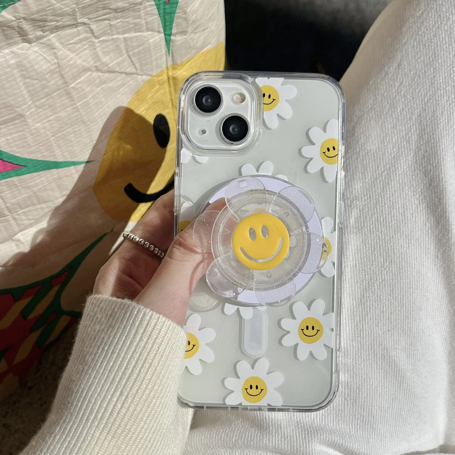 Universal Magnetic Holder Clear Glitter Smile Flower Phone Grip Tok Bracket Smart Tok For iPhone 15 14 Samsung Expanding Stand - Caseverse