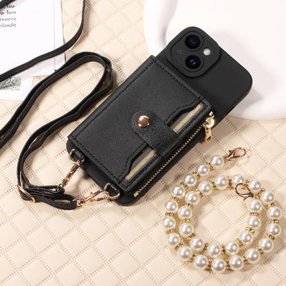 Stylish Mirror Zipper and Pearl Cord Phone Case for IPhone13promax 12mini 11promax 7 Crossbody Fall-proof Faux Leather Cover