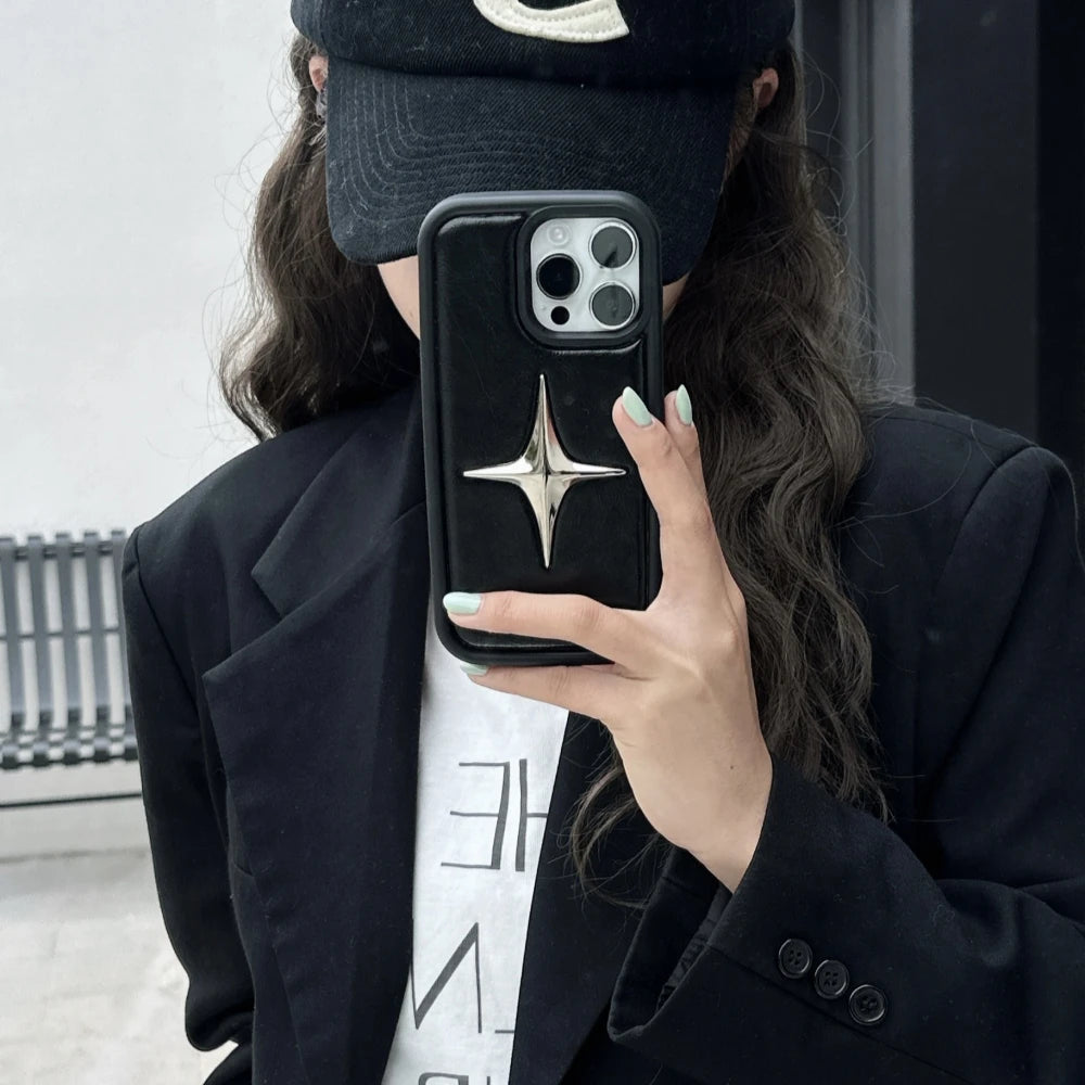 Luxury Metal Star PU Leather Phone Case For iPhone 15 14 13 12 Pro Max 15pro 14Pro Shockproof Cover Men Women Stylish Cases Caseverse