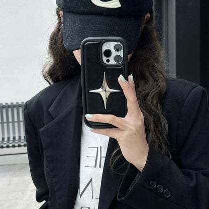 Luxury Metal Star PU Leather Phone Case For iPhone 15 14 13 12 Pro Max 15pro 14Pro Shockproof Cover Men Women Stylish Cases Caseverse