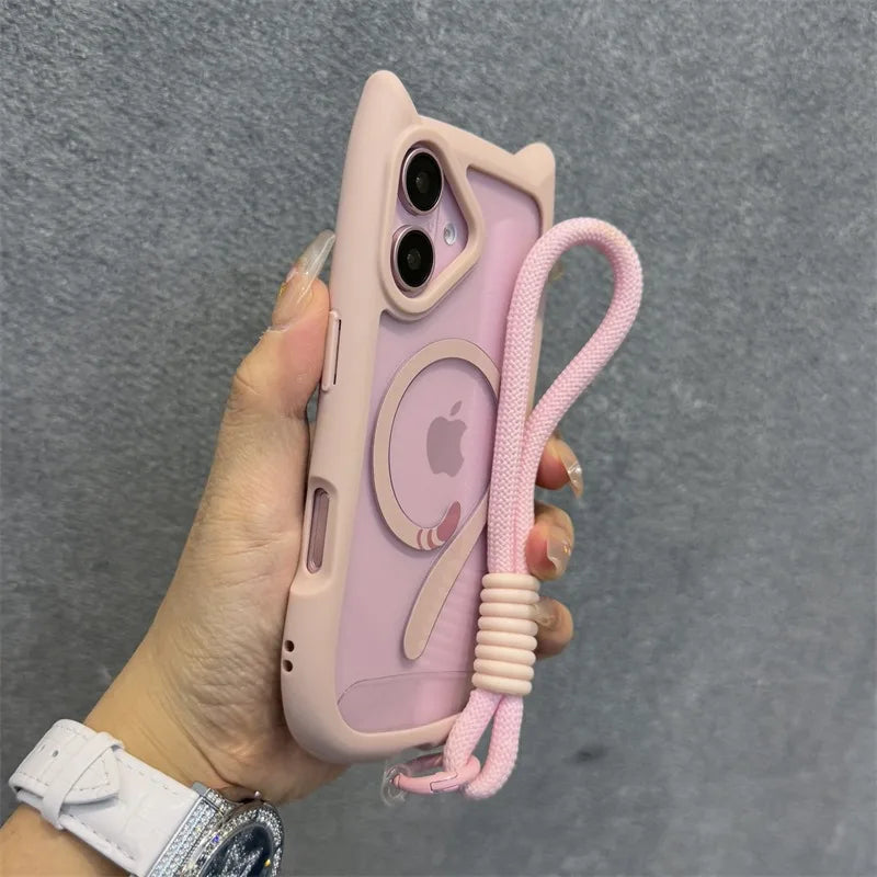 Cute Cat Ear Magsafe Case for iPhone 13 14 15 16 Pro Max 11 12 15 16 Plus Transparent PC TPU Armor Cover with Wrist Strap Chain - Caseverse