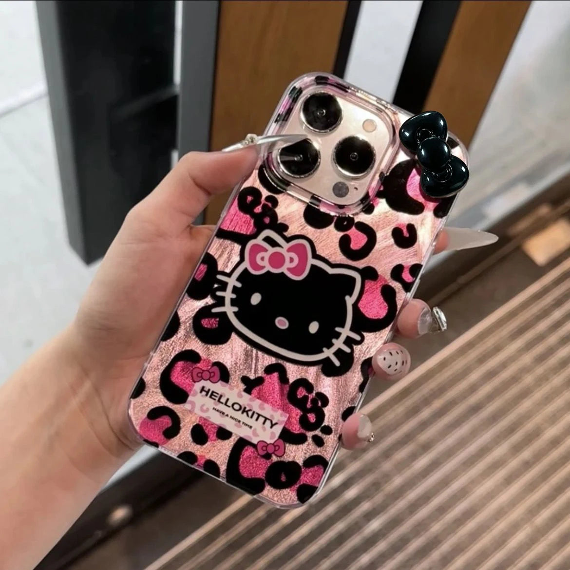 Pink Leopard Print HelloKitty Bow Mobile Phone Case For iPhone 15 14 13 12 11 Pro Max XR XS 7 8 Plus Silicone Laser Covers Y2K - Caseverse