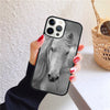 A phone case featuring a black and white image of a horse's head.