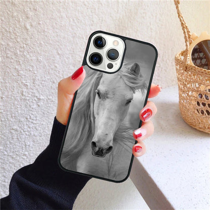 A phone case featuring a black and white image of a horse's head.