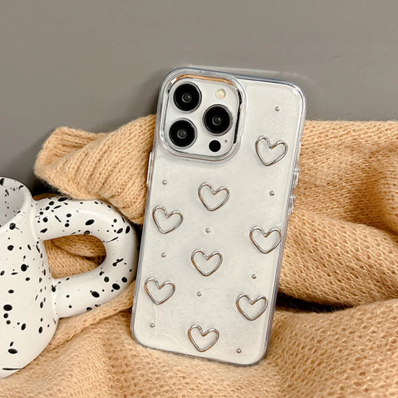 Cute Metal Love Heart Epoxy Glitter Phone Case For iPhone 16 15 14 13 12 11 Pro Max Plus Bling Clear Shockproof Soft Cover Caseverse