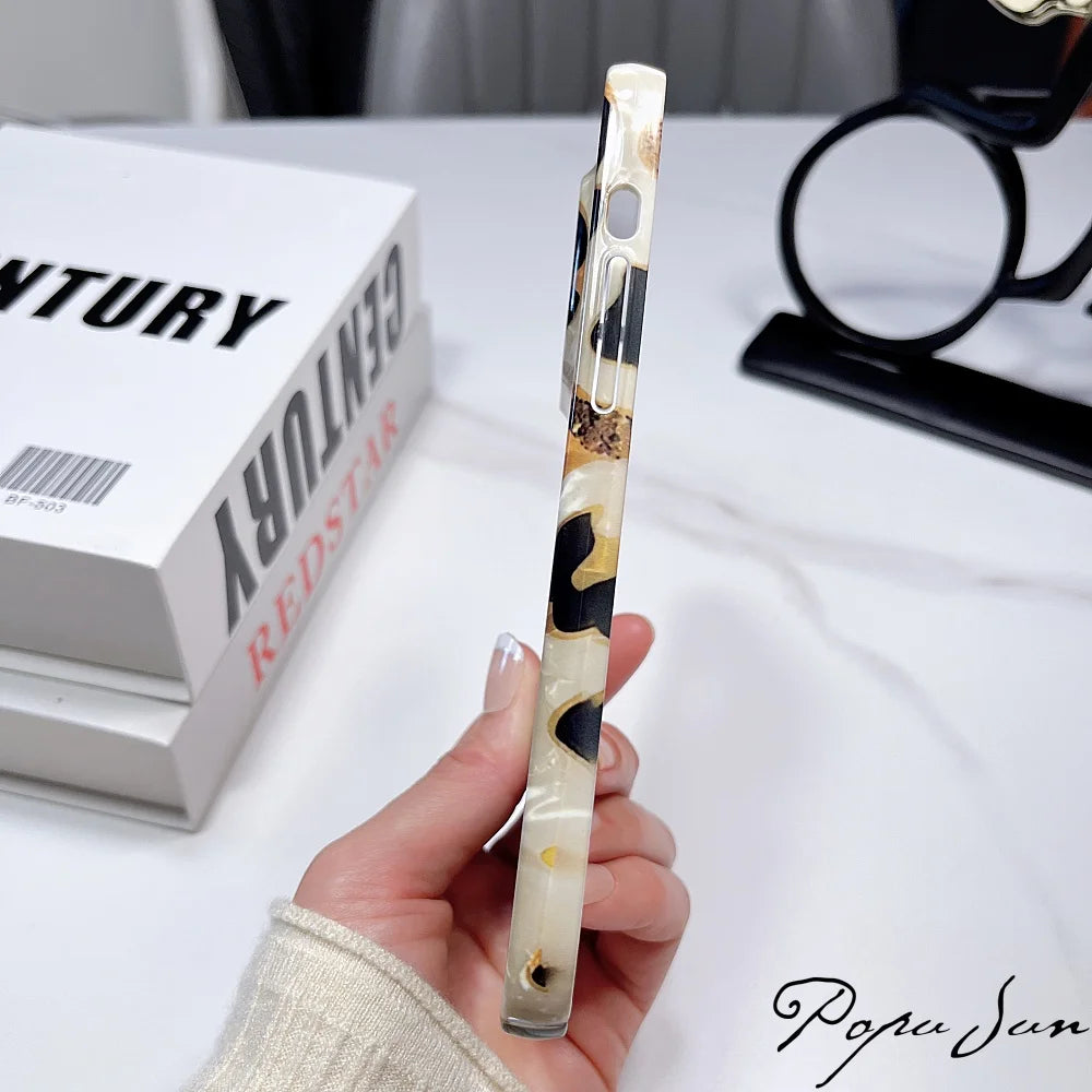 Vintage Glitter Leopard Print Phone Case For IPhone 16 15 13 12 11 Pro Max 14 Plus Dream Shell Leopard Marble Texture Hard Cover - Caseverse