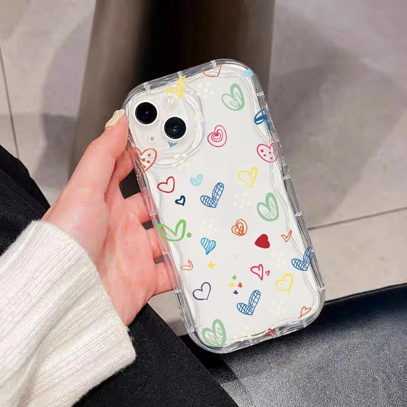 Gradient Love Heart Wavy Phone Case For IPhone 16 15 Pro Max 14 11 13 12 Mini XR 8 7 Plus X XS SE 2022 Clear Soft Silicone Cover - Caseverse