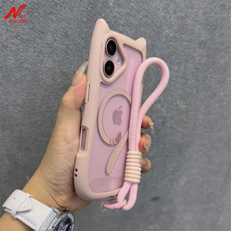 Cute Cat Ear Magsafe Case for iPhone 13 14 15 16 Pro Max 11 12 15 16 Plus Transparent PC TPU Armor Cover with Wrist Strap Chain - Caseverse