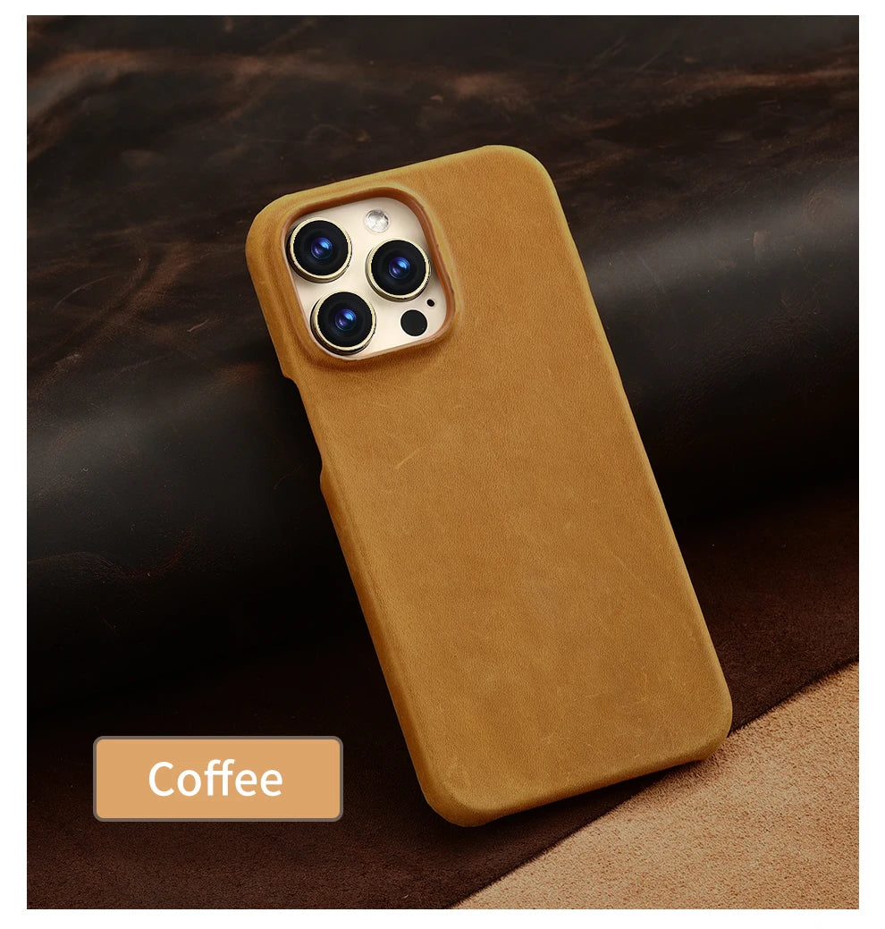 Retro Cowhide Phone Case for iPhone 16 15 13 14 Pro Max 16Pro 14Pro 15Pro Luxury Crazy Horse Genuine PULL-UP Leather Back Cover Caseverse