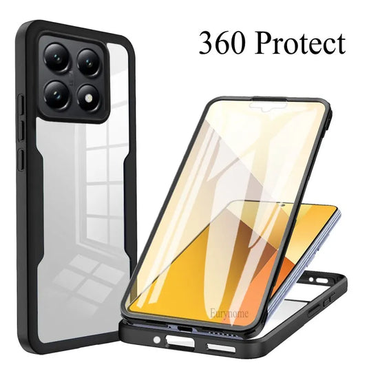 A clear phone case with black edges and a separate screen protector is shown.