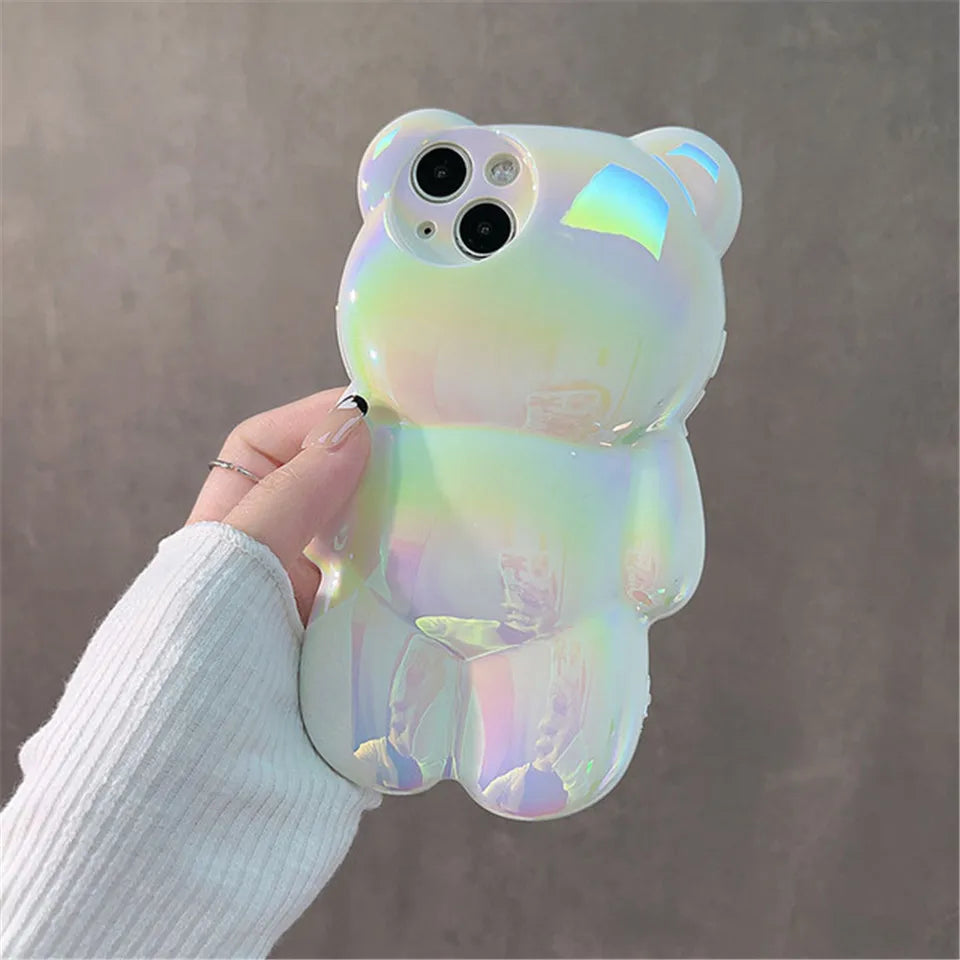 Luxury laser cute 3D bear anti-drop bumper shockproof phone case for iPhone 11 12 13 14 Pro Max shockproof Soft silicone cover - Caseverse