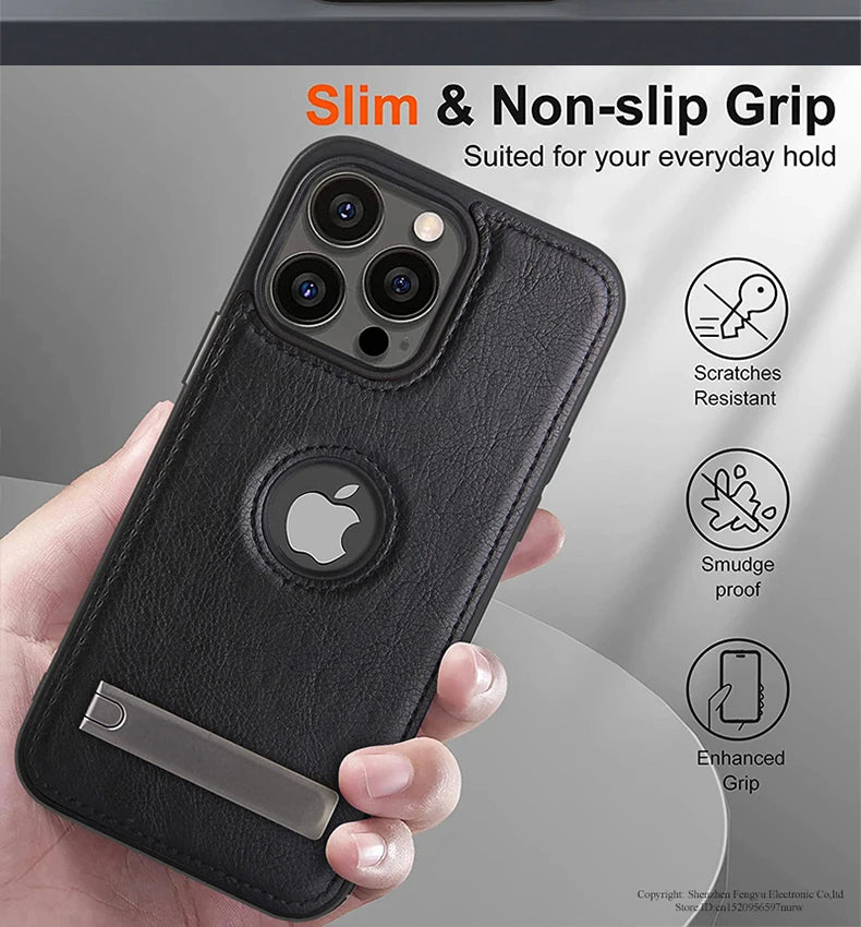 Leather Phone Case for iPhone 15 14 Pro Max Plus 13 12 11 Mobile Cases with Slim Metal Kickstand Soft Grip Luxury Back Cover