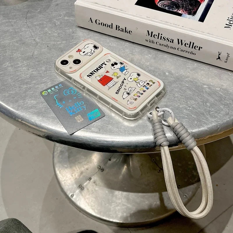 Cute Cartoon Peanut Snoopy Card Holder Pocket Phone Case For iPhone 16 15 14 13 12 11 Pro Max Cases Soft TPU Cover With Lanyard Caseverse