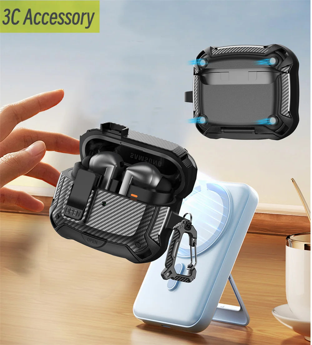2025 New Phone Stand Case For Samsung Galaxy Buds 3 Pro Case With Secure Lock Clip & Cleaning kit Carbon Fiber Cover For Buds 3