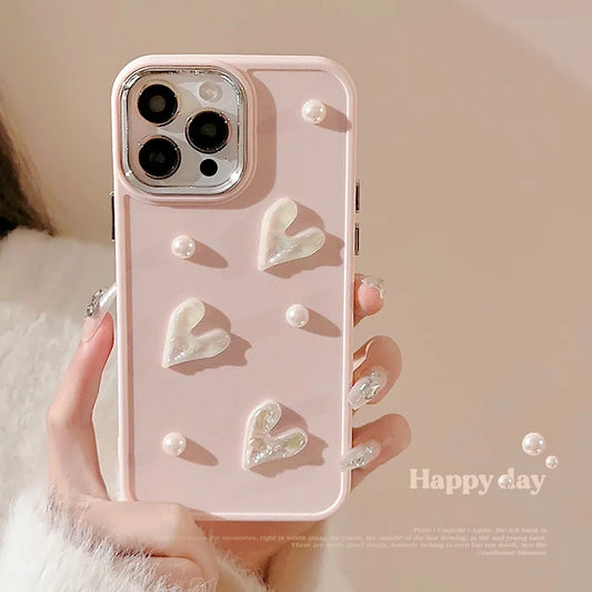 Ins Cute 3D Pearl Love Heart Phone Case For iPhone 16 15 14 13 12 11 Pro Max X XS XR 8 7 Plus SE 2022 Soft Silicone Bumper Cover - Caseverse