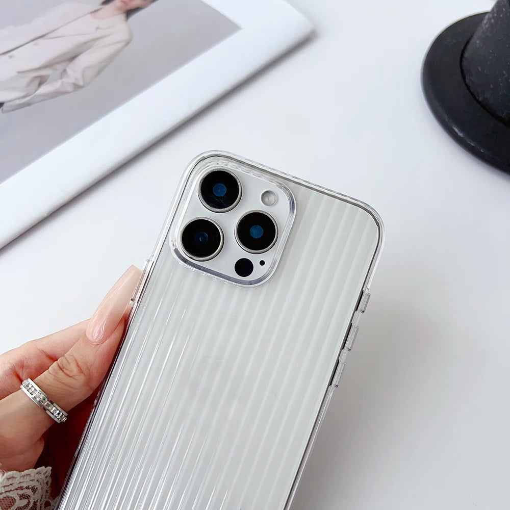 Metal Button Key Vertical Stripe Corrugated Clear Phone Case for IPhone 13 14 15 16 Pro Max Shockproof PC Protective Back Cover Caseverse