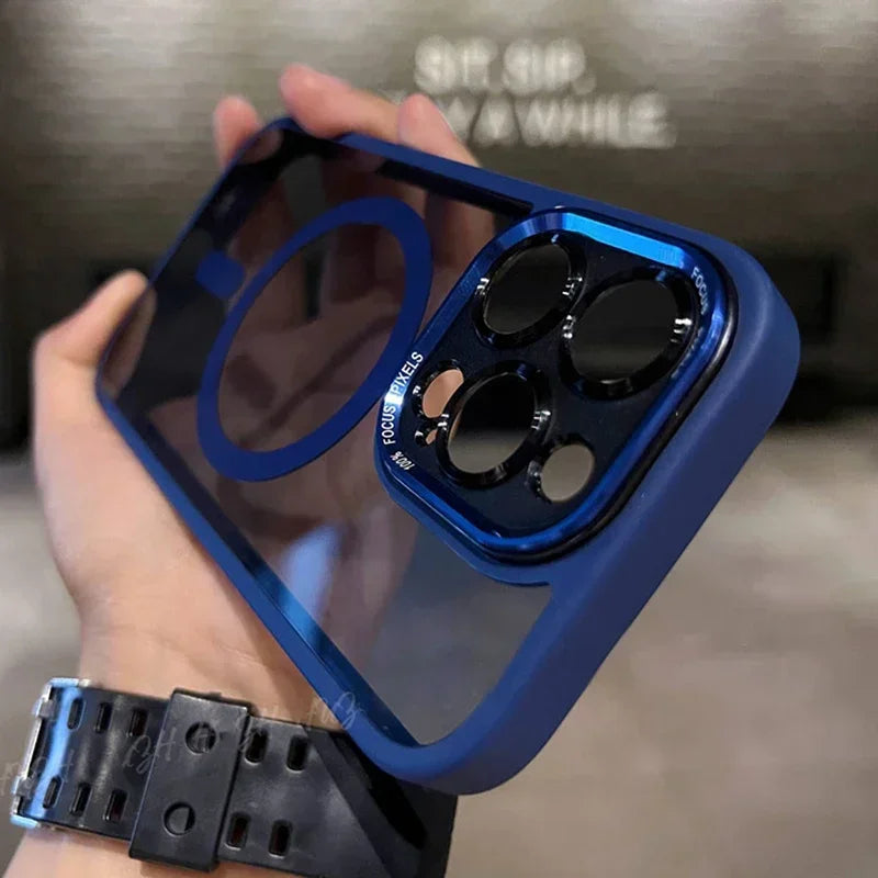Luxury Magnetic Metal Lens Bumper Protection Case For iPhone 16 15 14 13 12 11 Pro Max Plus Magsafe Acrylic Translucency Cover Caseverse