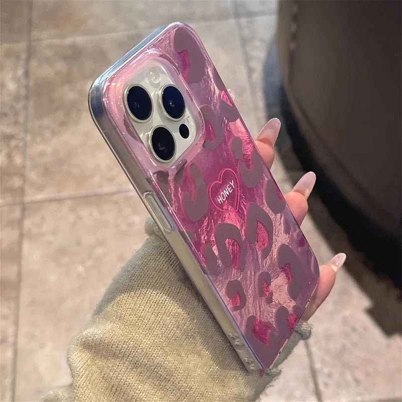 Phone Case for iPhone 16 Pro Max 15 14 Plus 13 12 11 XS X XR 7 8 SE 2022 Cute Pink Leopard Print Stylish Lovely Heart Soft Cover - Caseverse