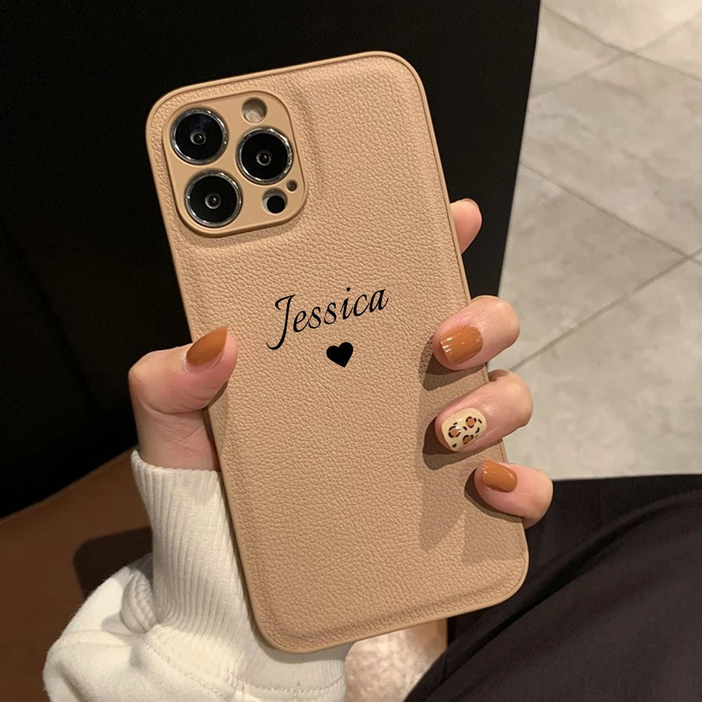 Personalized Customized Name Heart Phone Case for iPhone 16 15 14 13 Pro Max 12 11 X XS XR Design Leather Protective Back Cover Caseverse