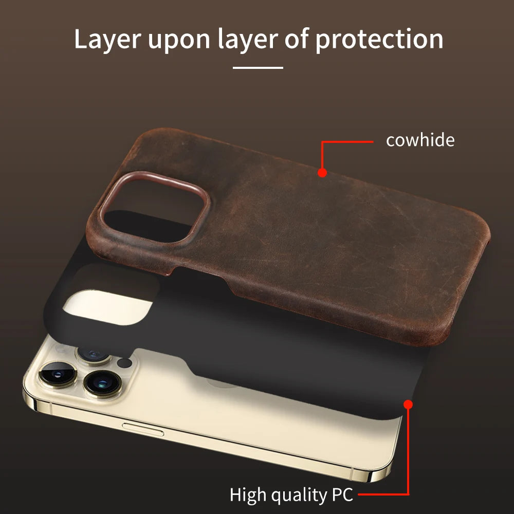 Retro Cowhide Phone Case for iPhone 16 15 13 14 Pro Max 16Pro 14Pro 15Pro Luxury Crazy Horse Genuine PULL-UP Leather Back Cover Caseverse